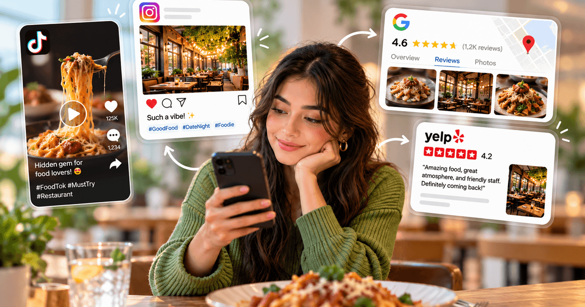 Restaurant food and smartphone with Google, Yelp, TikTok, and Instagram review icons illustrating Gen Z restaurant discovery.